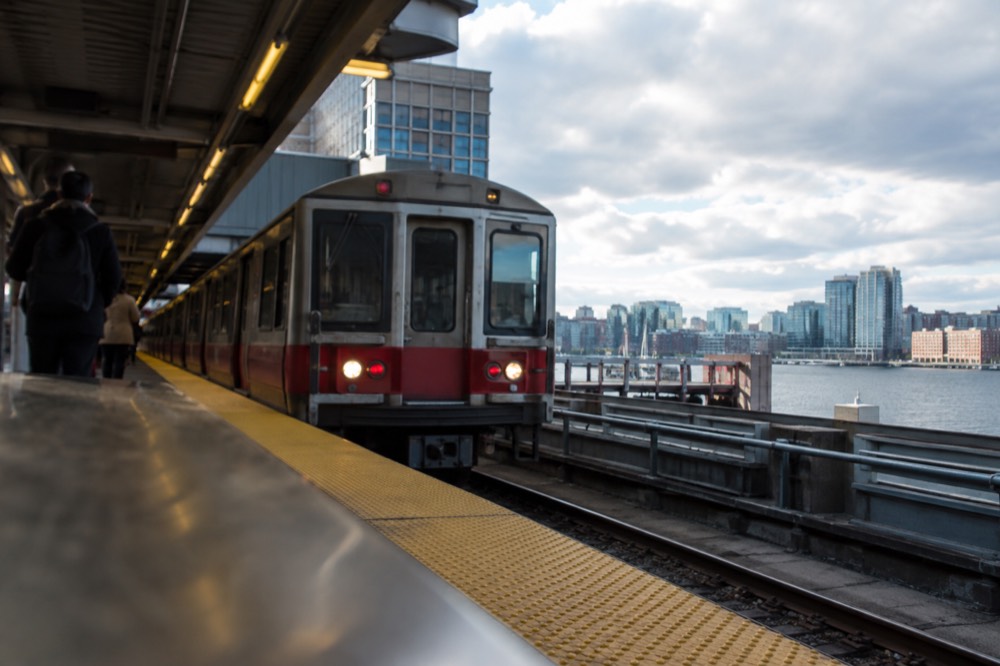 An MBTA Red Line train arriving at South Station
