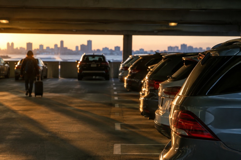 A multi-level airport parking garage with rows of parked cars and painted floor markings