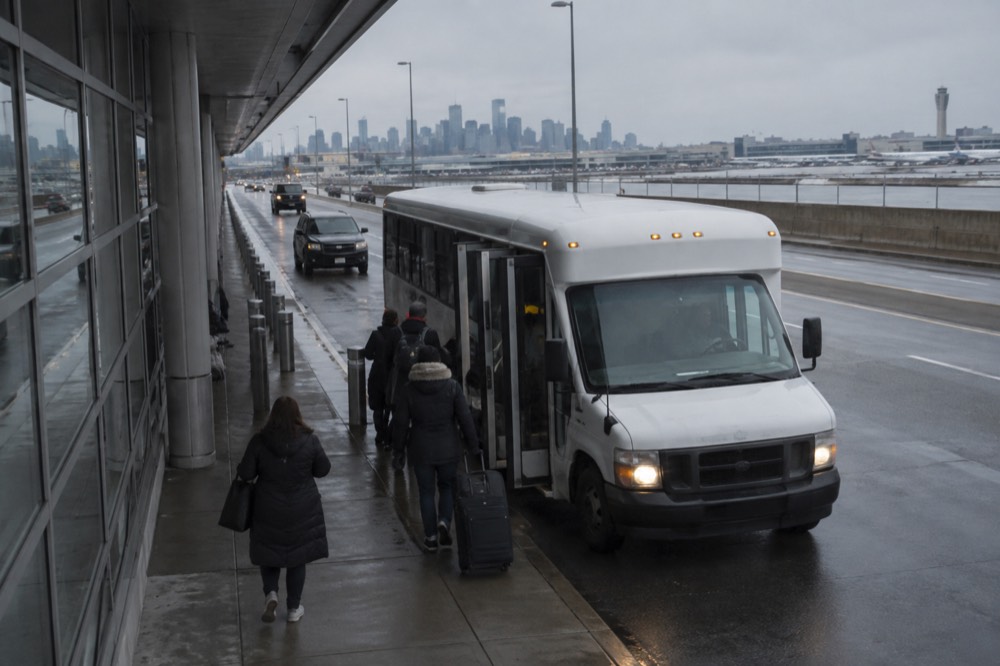 A shuttle bus pulling up to a curb outside an airport terminal entrance