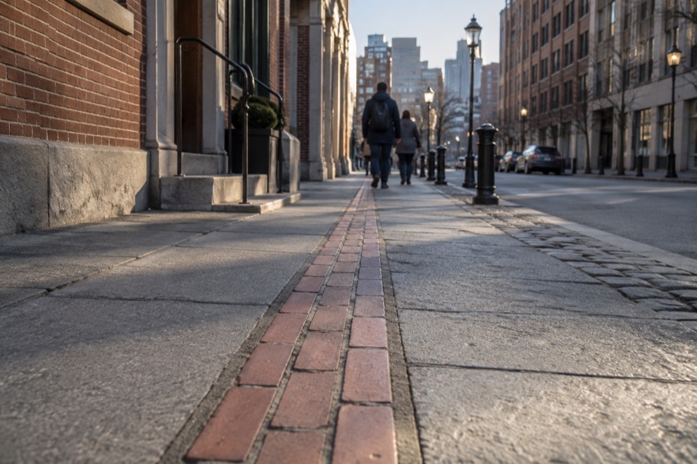 A red brick Freedom Trail marker line embedded in a Boston sidewalk