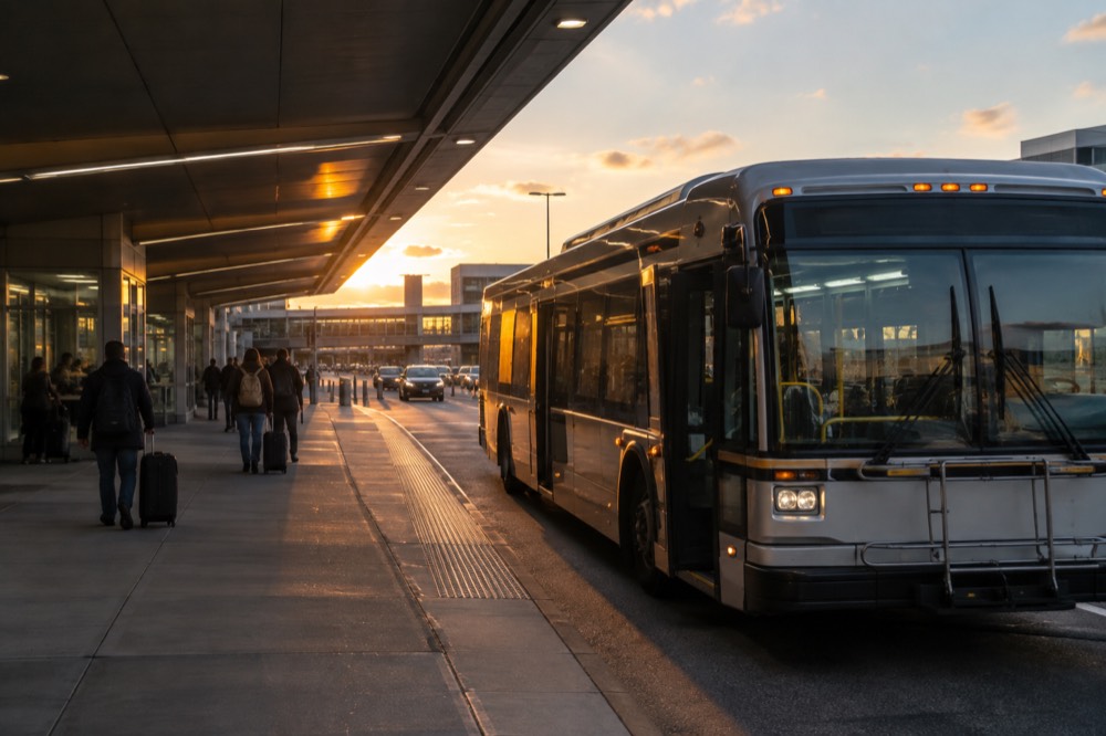An MBTA Silver Line bus at an airport terminal curb at dusk