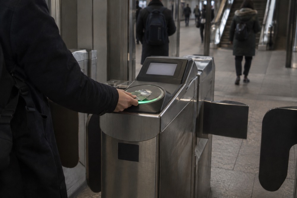 A CharlieCard being tapped on an MBTA fare gate at a downtown station