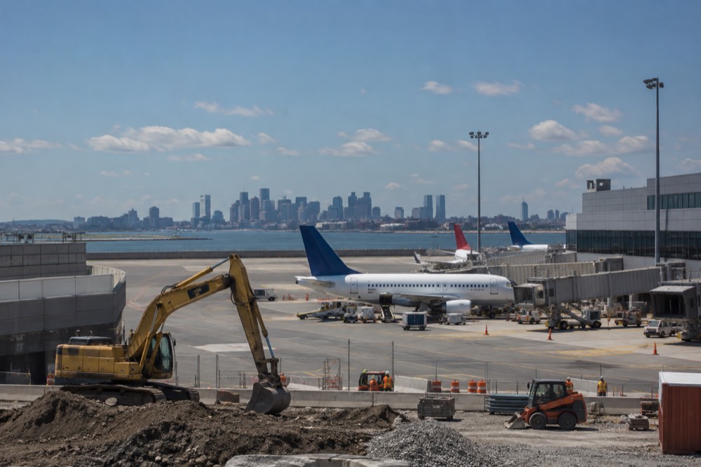 Construction equipment beside a Logan Airport terminal with planes at gates