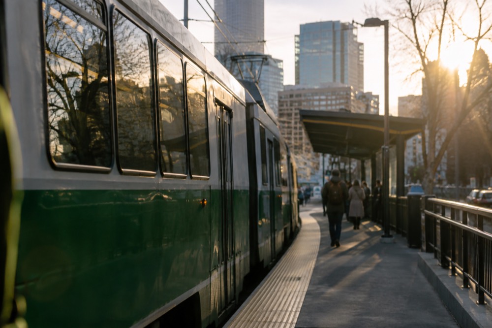 An MBTA Green Line trolley at an above-ground station in Boston