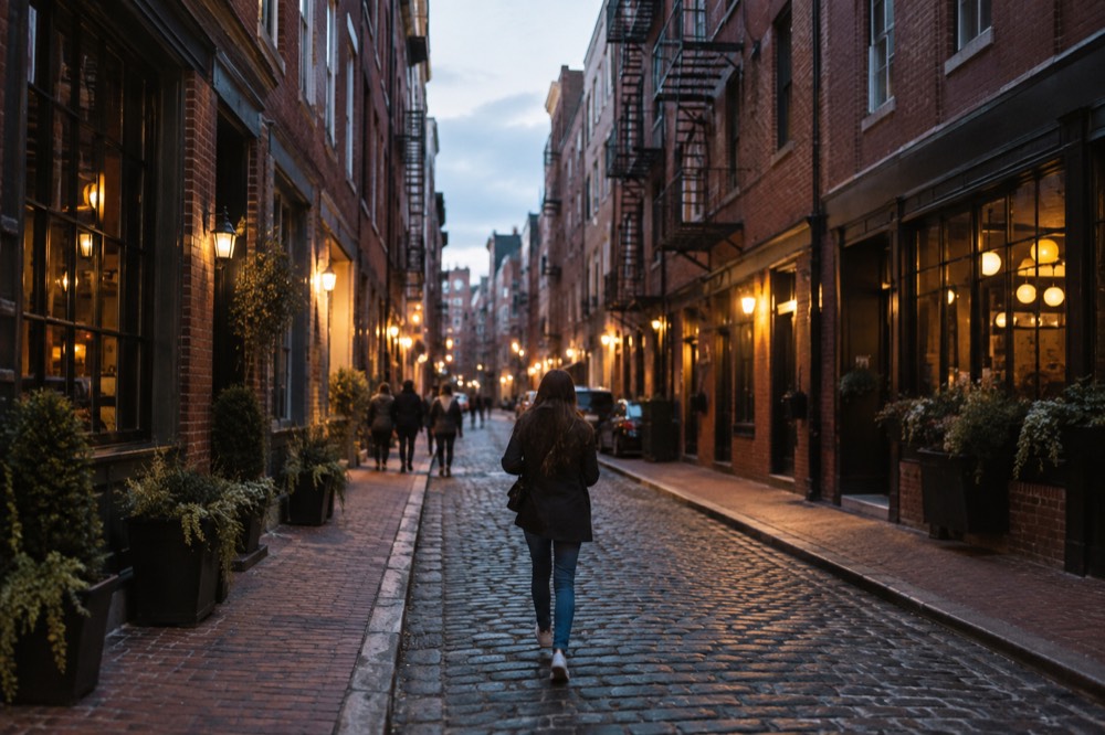 Evening view of Hanover Street in Boston's North End with lit restaurant signs and outdoor tables