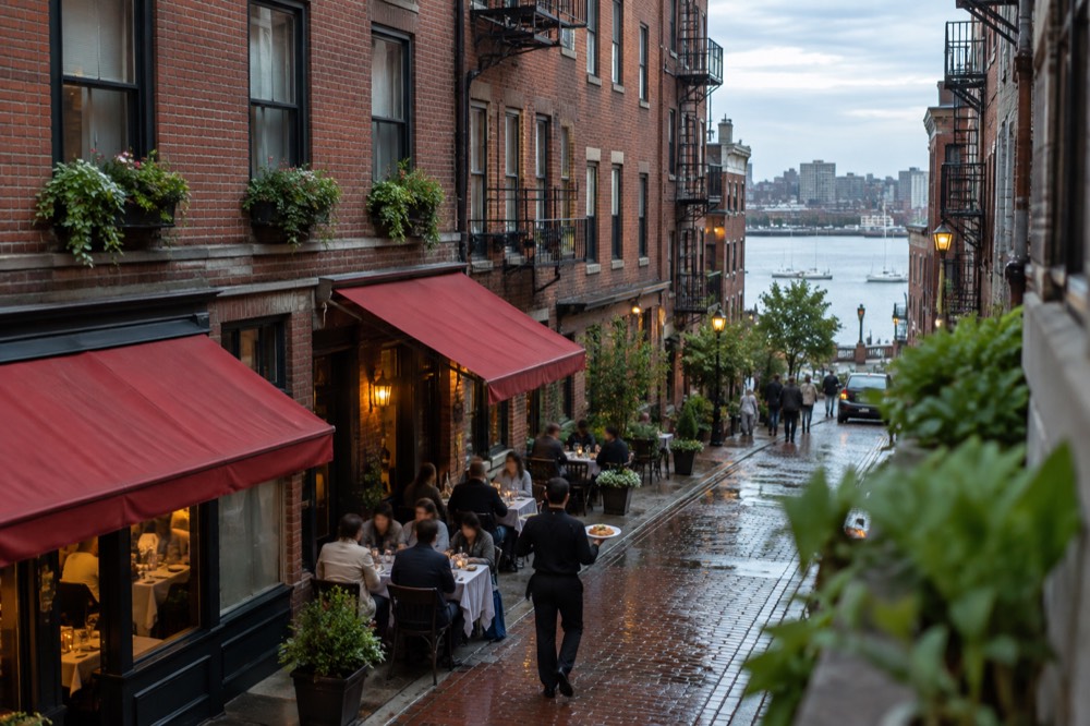 A server carrying plates past diners at a small Italian restaurant with red awnings