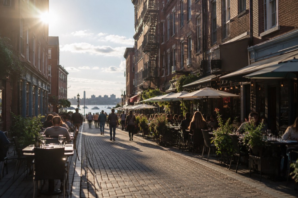 Diners seated at outdoor tables along a busy Hanover Street in daylight