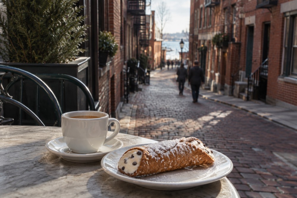 A fresh cannoli with powdered sugar on a plate beside an espresso cup