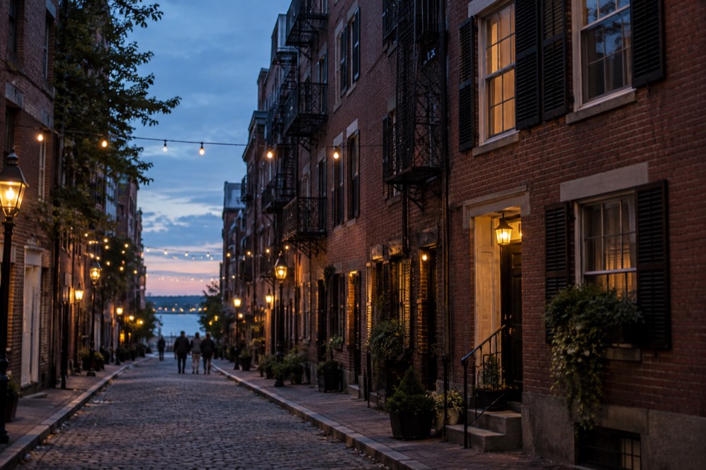 A narrow North End residential street with brick row houses and strung lights at dusk