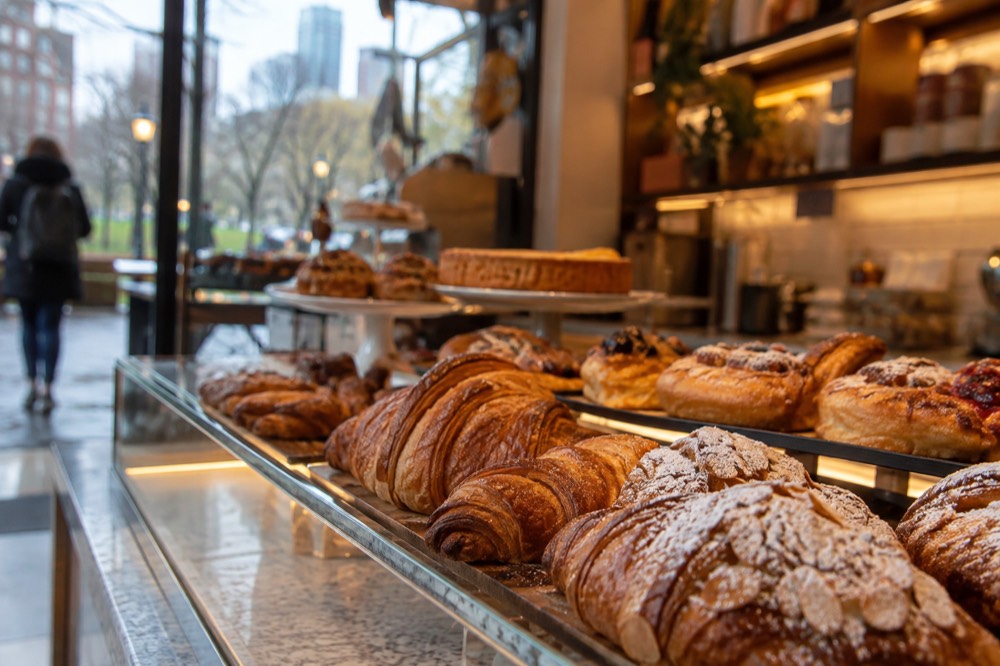 A cozy Italian bakery counter with pastries displayed under warm lights