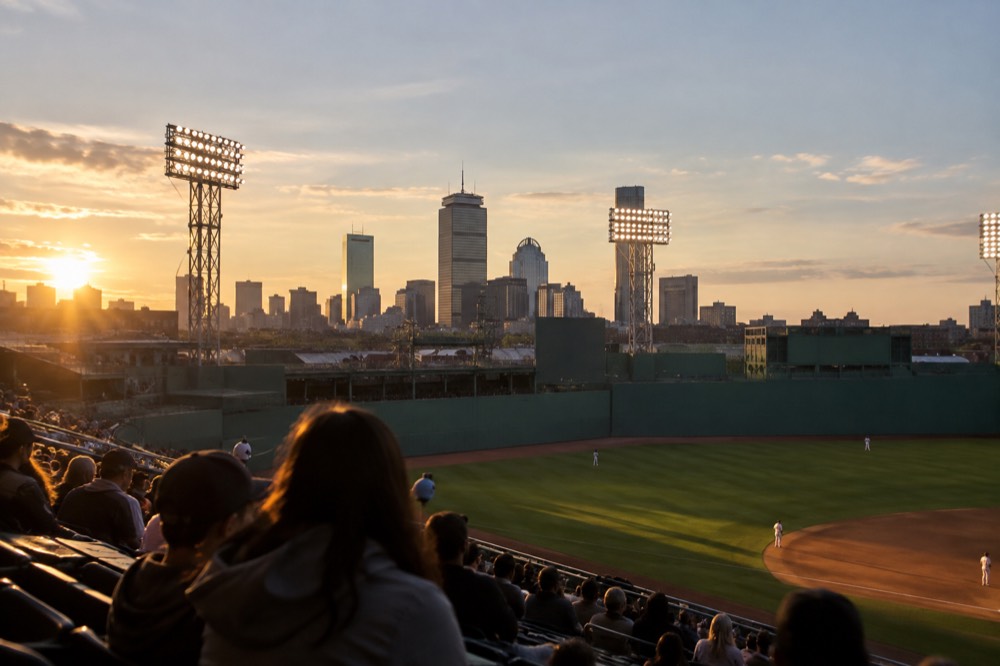 The Boston skyline seen from the seats at Fenway Park in early evening