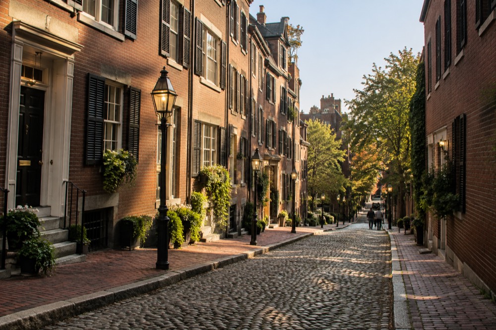 Illuminated brownstone facades on a Beacon Hill street in the evening