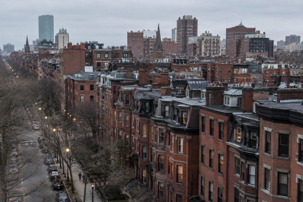 Observation deck view over the lit rooftops of Back Bay