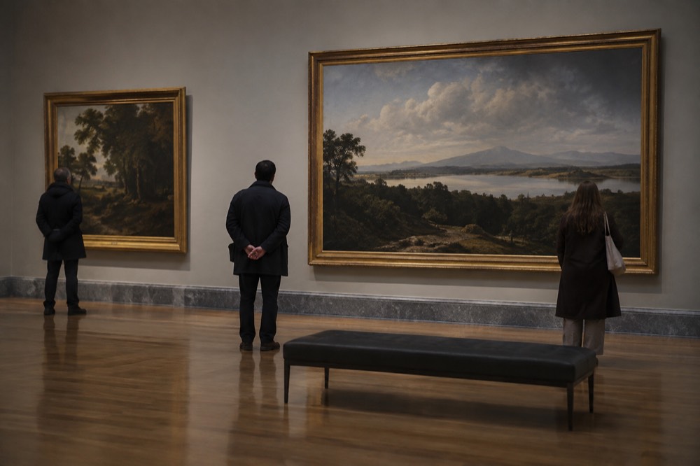 Visitors viewing large paintings inside a bright Boston art museum gallery