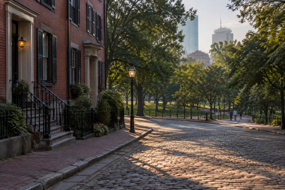 Cobblestone street corner in Boston with brick row houses in evening light