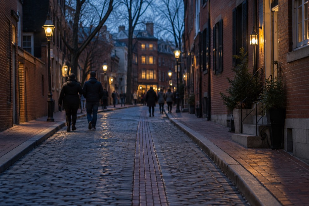 The red brick Freedom Trail line running along a cobblestone street in downtown Boston