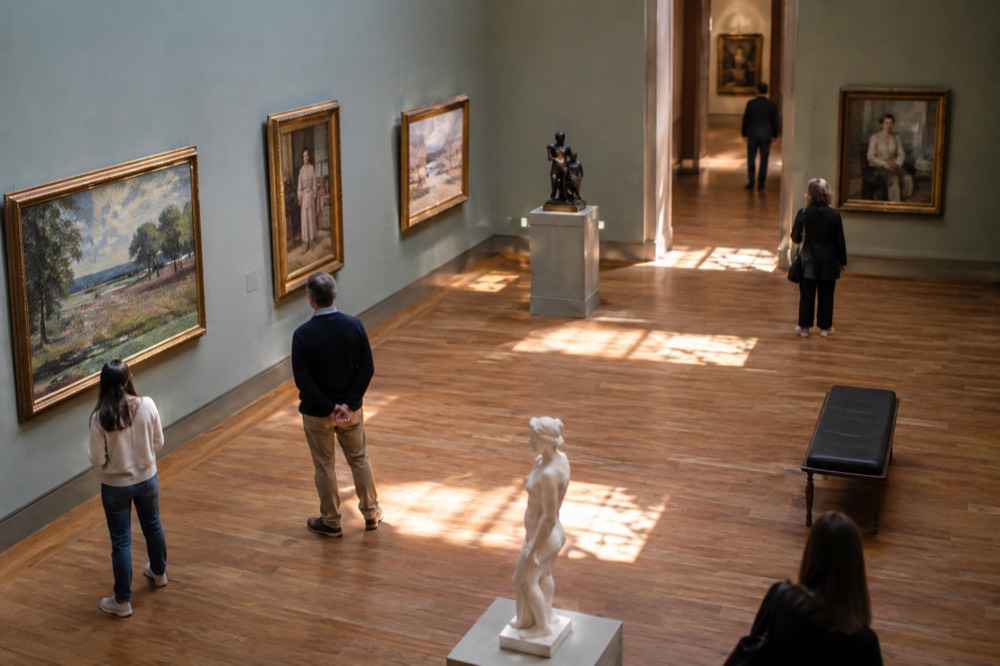 Visitors viewing paintings inside a bright gallery hall at the Museum of Fine Arts Boston