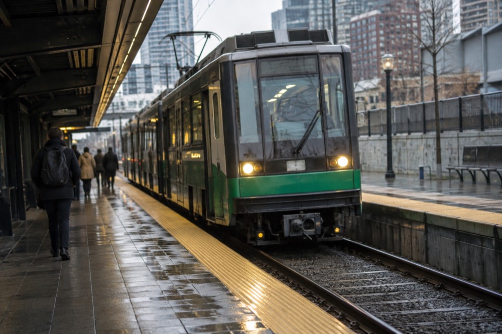 A Green Line trolley arriving at a Boston subway platform