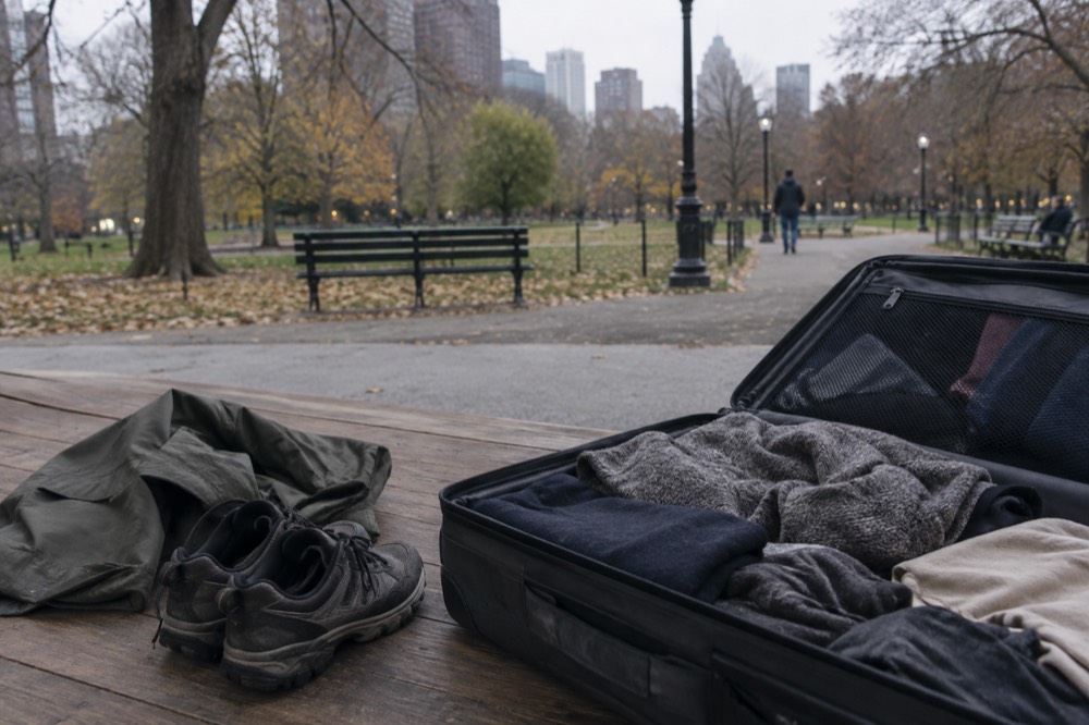 A packed suitcase open on a wooden floor beside a folded rain jacket and a pair of walking shoes