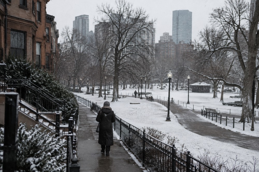 A person in a long insulated coat and scarf walking past brownstone buildings in falling snow