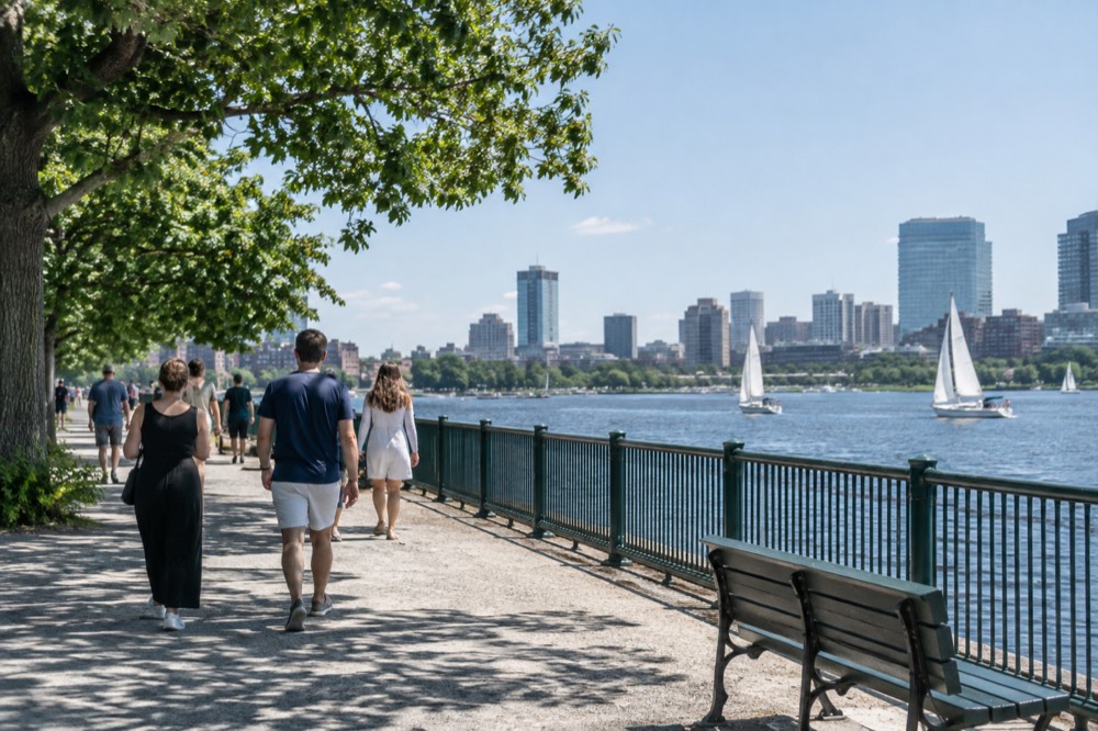 People in summer clothes walking along a sunny waterfront promenade with sailboats behind them