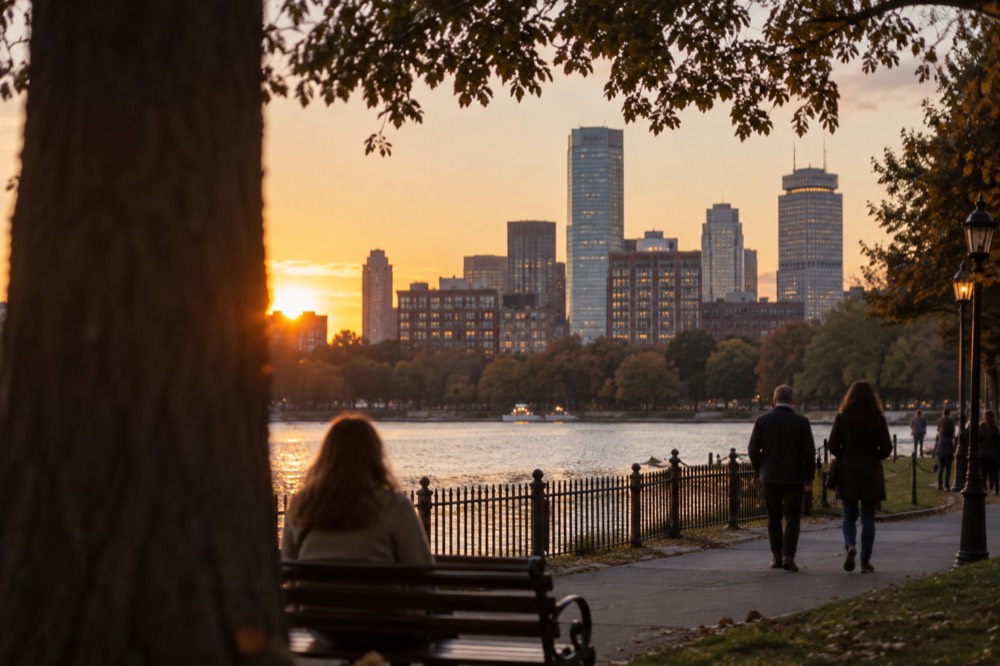 Boston skyline at dusk seen across the water, with brick buildings and modern towers lit up
