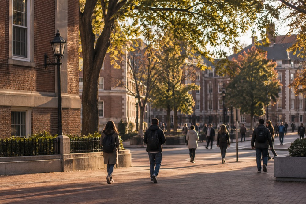 Red brick Harvard University buildings and a leafy square with pedestrians in Cambridge