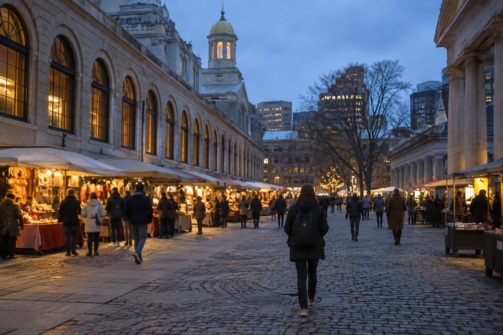 Faneuil Hall and Quincy Market stalls busy with visitors at midday