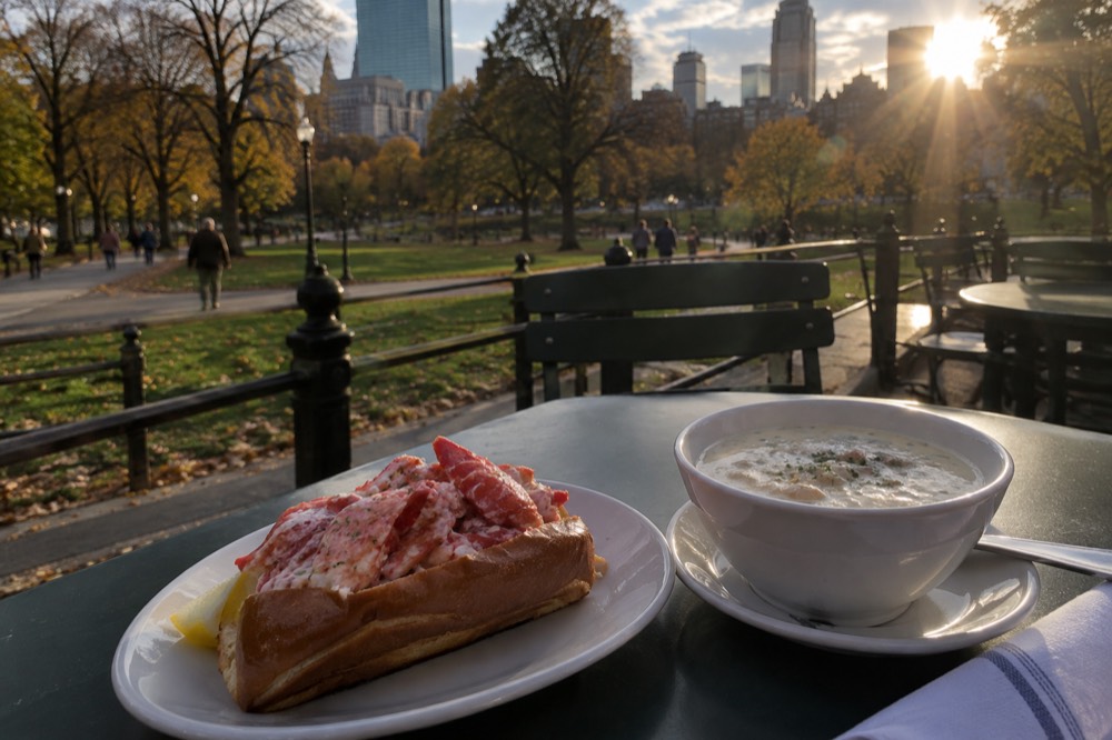 A lobster roll and a bowl of clam chowder on a restaurant table