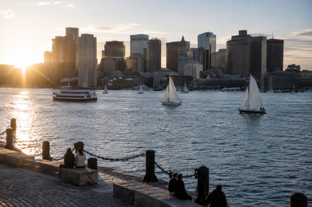 Sailboats and a ferry on Boston Harbor with the downtown skyline behind