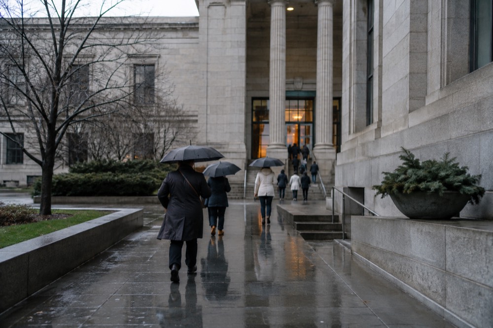 Rainy-day visitors entering the Museum of Fine Arts on Huntington Avenue