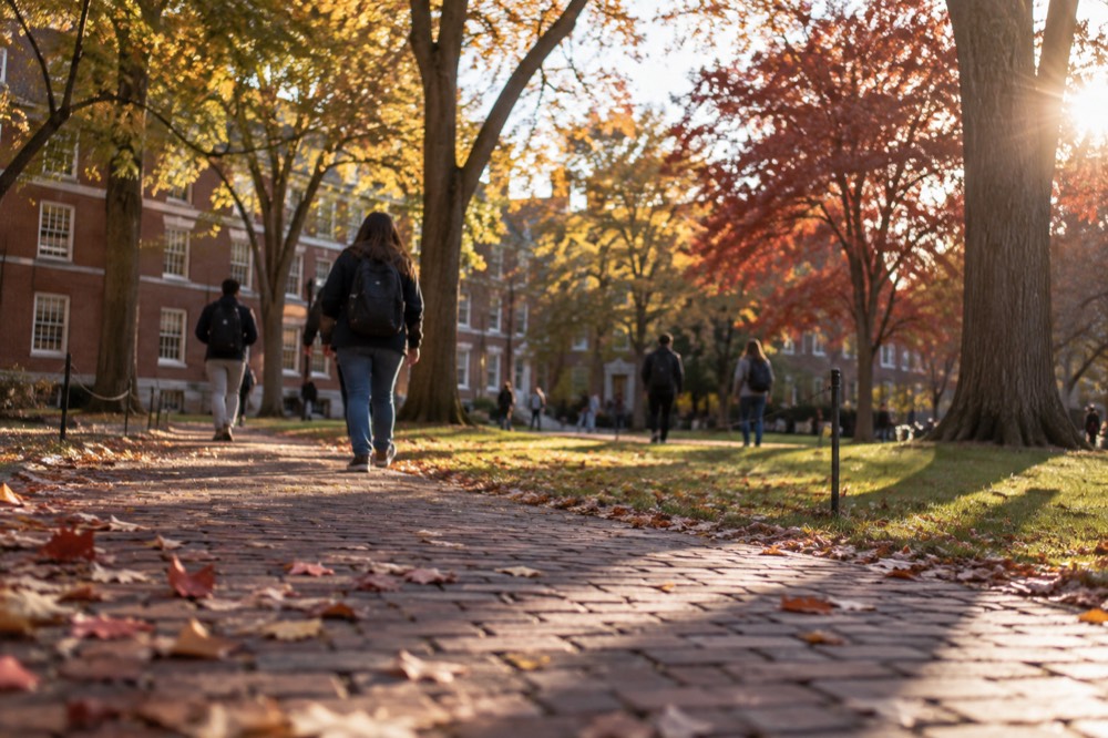 Students crossing Harvard Yard beside brick buildings in fall color
