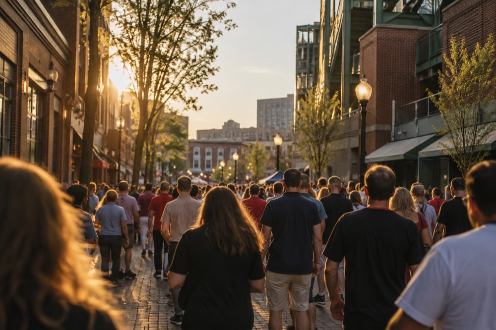 Crowds filling the brick street outside Fenway Park under a clear sky