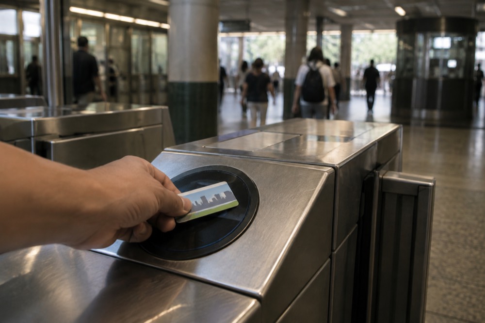 A CharlieCard being tapped at an MBTA station fare gate