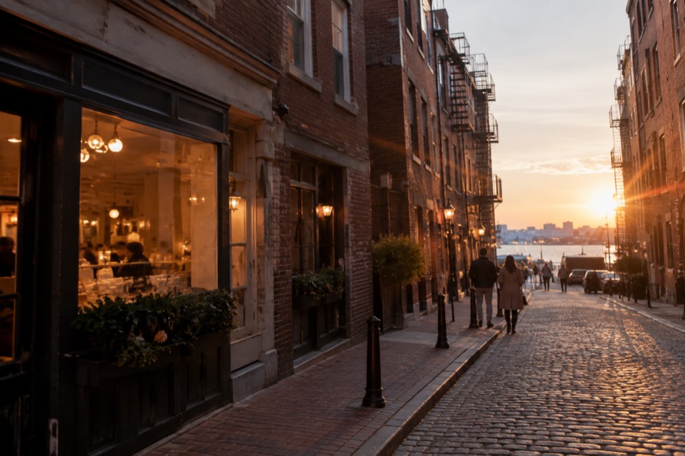 Cobblestone street in the North End at dusk with warm light from shopfronts