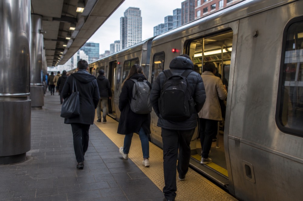 Passengers boarding a subway train at a downtown Boston station