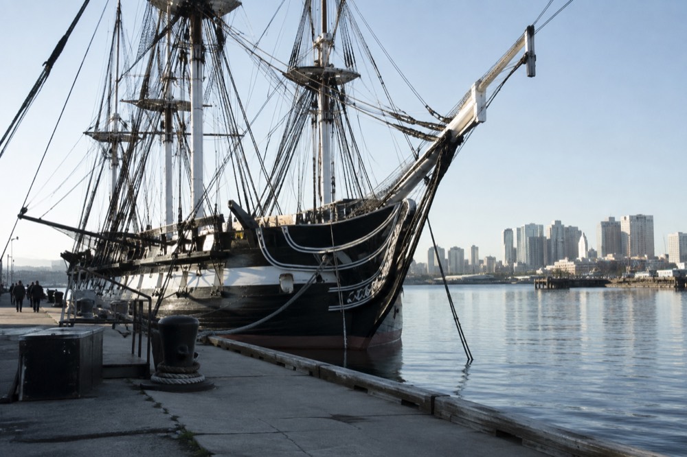 The wooden USS Constitution warship docked at the Charlestown Navy Yard