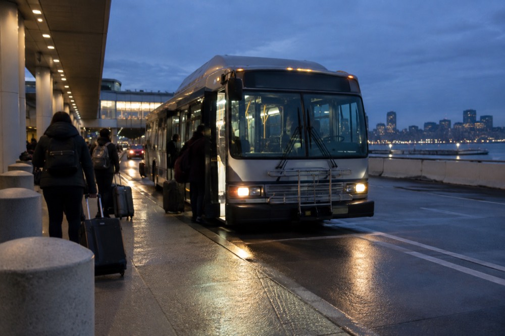 A Silver Line bus picking up passengers at a Logan Airport terminal curb