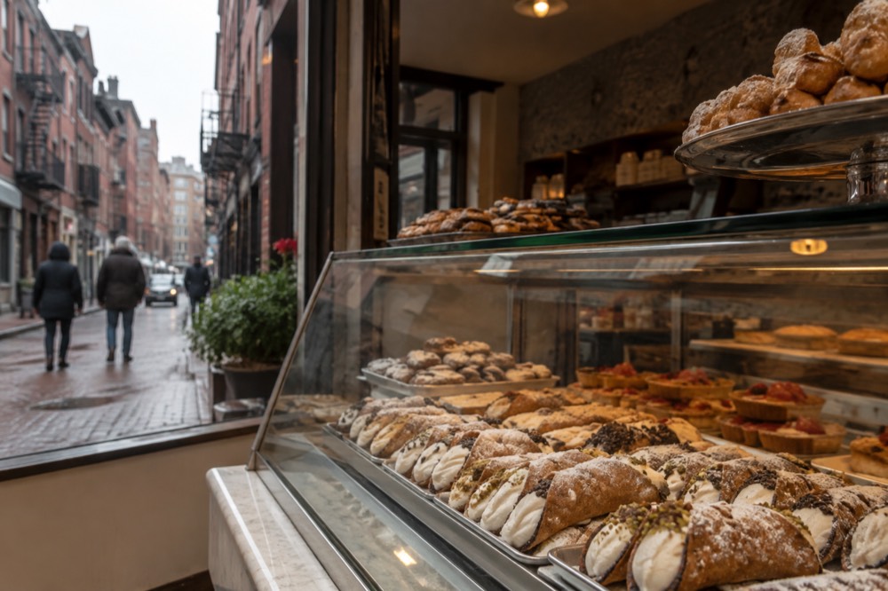 A bakery counter in the North End lined with cannoli and Italian pastries