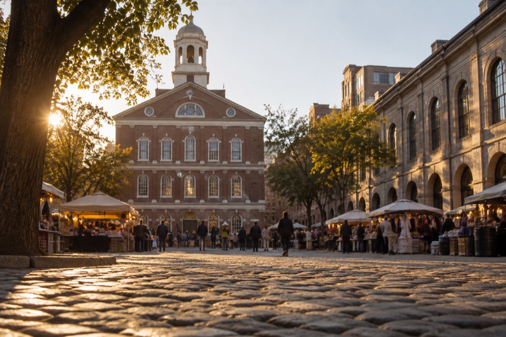 Faneuil Hall's historic facade with market stalls and visitors in front