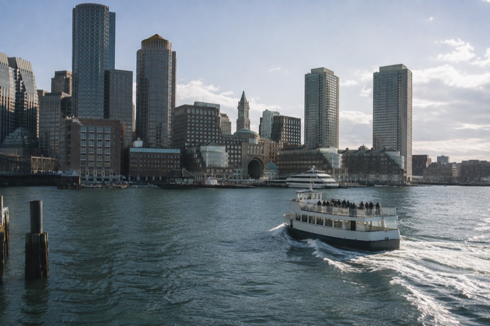 A Boston Harbor cruise boat passing the downtown skyline at midday