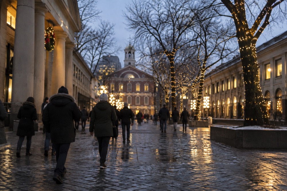Faneuil Hall and Quincy Market at dusk with holiday lights reflecting on wet cobblestones
