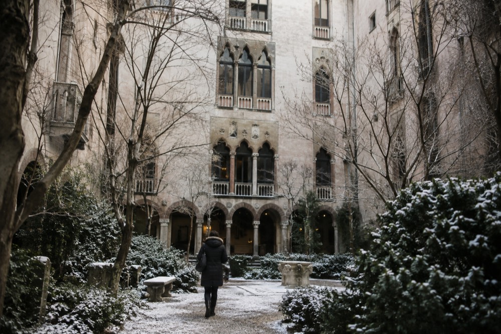 The snow-dusted courtyard facade of the Isabella Stewart Gardner Museum