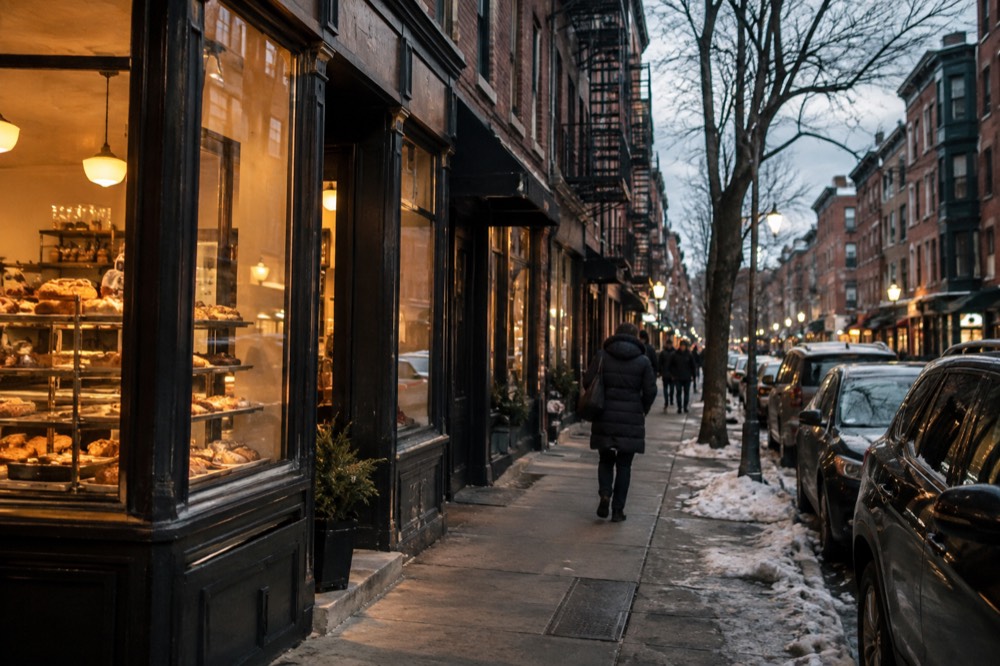 Hanover Street in the North End on a winter evening with warm light spilling from bakery windows