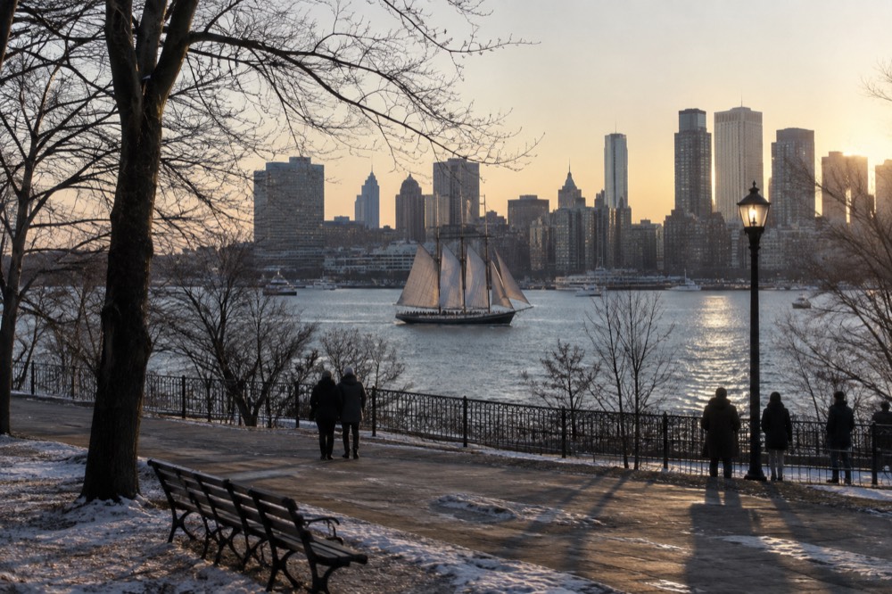 A tall ship under sail in Boston Harbor with the city skyline lit at dusk