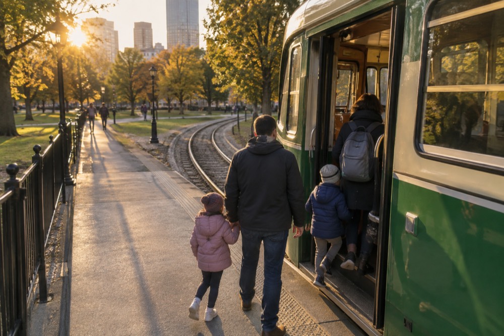 A family boarding a green MBTA trolley at an outdoor station platform