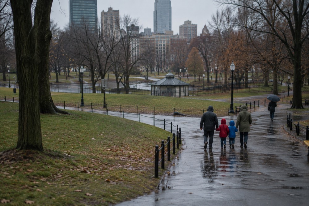 A family in rain jackets walking across a historic Boston square in light rain