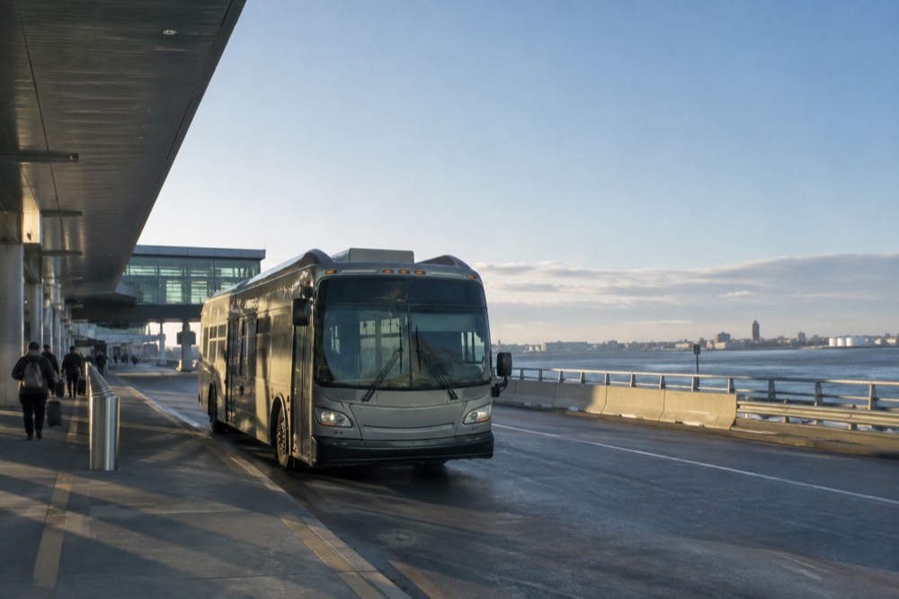 An MBTA Silver Line bus at a Logan Airport terminal curb on a clear morning