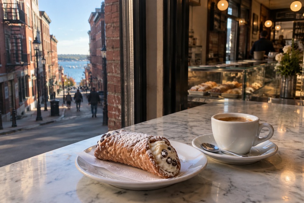 A cannoli and an espresso on a marble bakery counter in the North End
