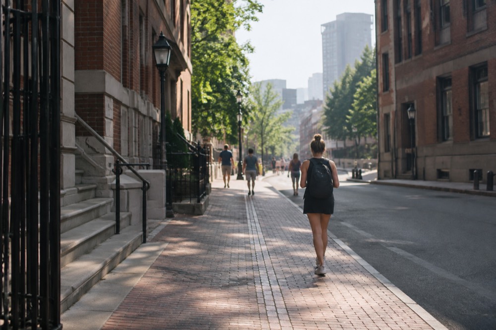 The Freedom Trail's red brick line passing historic buildings in downtown Boston on a bright morning